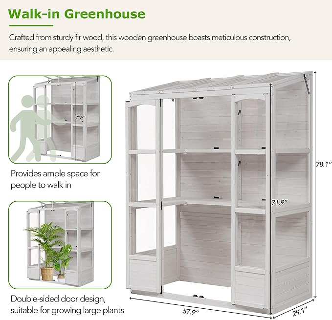 Polibi Wooden Greenhouse Cold Frame Portable Greenhouse with 2 Folding Middle Shelves and 4 Independent Skylights for Indoor Outdoor Patio Balcony Garden 57.9 Lx29.1 Wx78.1 H White