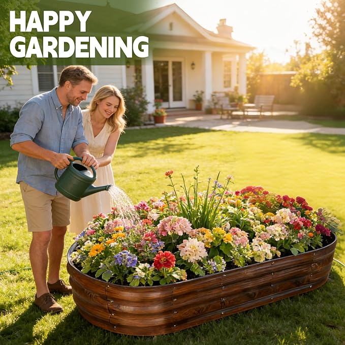 Galvanized Raised Garden Bed Outdoor Large Raised Bed for Gardening 6x3x1ft Oval Metal Planter Box for Vegetables Fruits Flowers Dark Brown Wood Grain