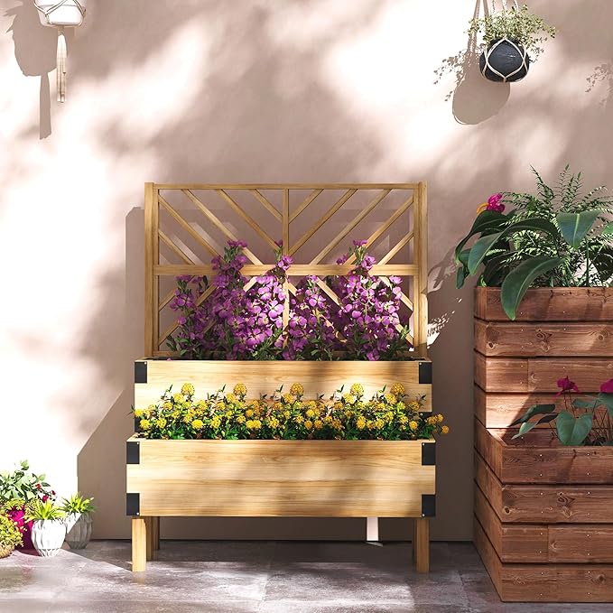 Outsunny Raised Garden Bed with Trellis 2 Tier Wooden Elevated Planter Box with Legs and Metal Corners for Vegetables Flowers Herbs Natural