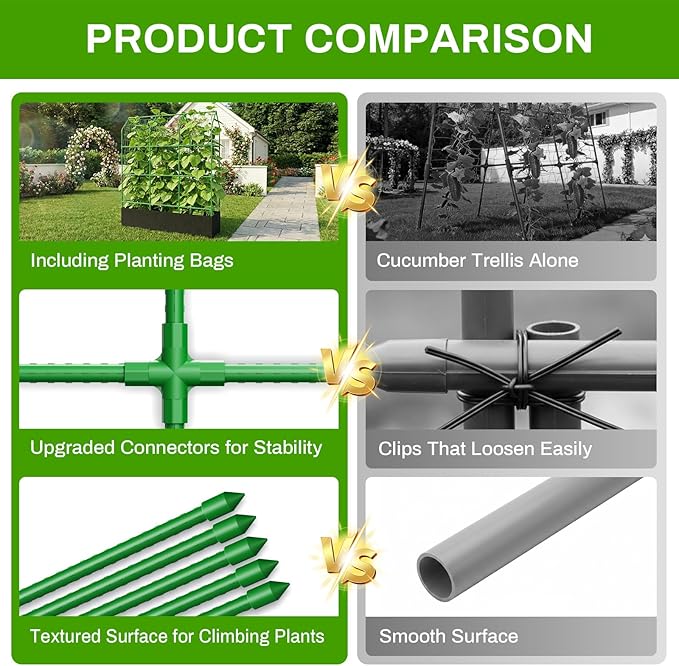 Large Cucumber Trellis with Grow Bag 65 Tall Metal Garden Trellis for Climbing Plants Outdoor Reusable Cucumber Trellis for Raised Bed with Netting for Tomatoes Peas Grapes Plant Support