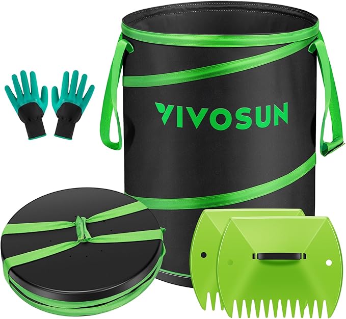 VIVOSUN 40-Gallon Collapsible Garden Bag Yard Waste Bin with Hard-Shell Bottom Leaf Scoops and Gloves Collapsible Yard Waste Containers for Lawn Care and Camping