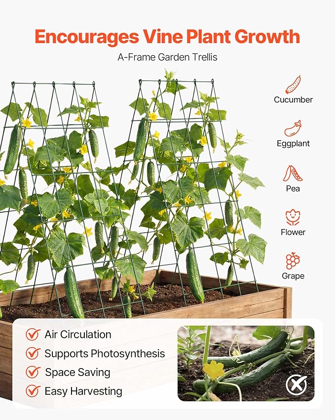 VEVOR Cucumber Trellis No Assembly Required 39 High 2 Pack Foldable A-Frame Garden Trellises for Raised Bed Metal Rustproof Outdoor Climbing Plant Support for Vine Peas Beans Tomato Flowers