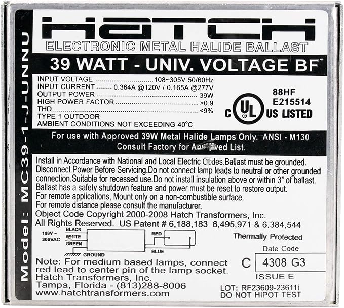 Hatch MC39-1-J-UNNU For one 39w (M130) ceramic metal halide lamp
