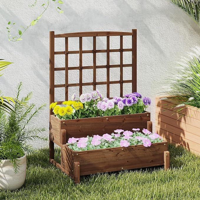 HAPPYGRILL Raised Garden Bed with Trellis Drainage Holes 2-Tier Wooden Elevated Planter Box w/Legs for Climbing Plants Vine Flower Herb Vegetable Fruit Outdoor Garden Box for Patio Balcony (2)