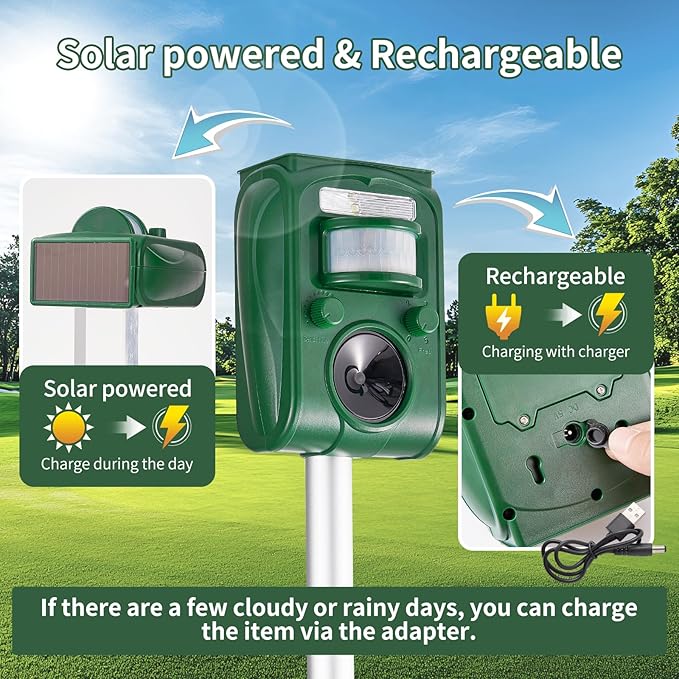 Upgraded Solar Ultrasonic Squirrel Deer Repellent Devices Motion Detection 5 Adjustable Modes Cat Raccoon Rabbit Dog Deterrent Animal Repellent with Waterproof for Yard 1P Olive