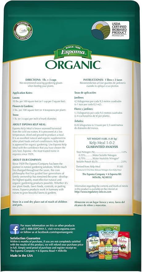 Espoma Organic Kelp Meal 1-0-2 Plant Food and Soil Conditioner All-Natural Cold-Water Seaweed from The Atlantic Ocean with no fillers or additives. 4 lb. Bag Pack of one