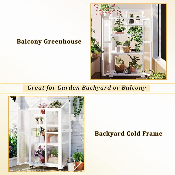 Mini 4-Tier Greenhouse with Locking Wheels 62 Inch Height Portable Wooden Green House Cold Frame with Adjustable Shelves and Vent Small Garden House for Outdoor Indoor White