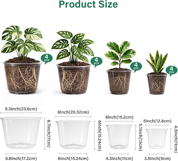 16 Pack 10/8/6/5 Inch Reinforced Large Clear Nursery Pots with Drainage Holes Transparent Variety Pack Plastic Plant Pot for Vegetable Propagation Root Cutting Seed Starting