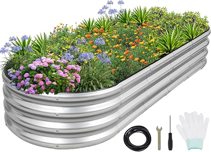 1MORE Galvanized Raised Garden Bed- Planter Garden Boxes Outdoor Raised Beds for Gardening 6x2x1ft Metal Garden Bed Kit for Vegetables Flower Planter Raised Beds with Protective Tape &amp Tools.Si