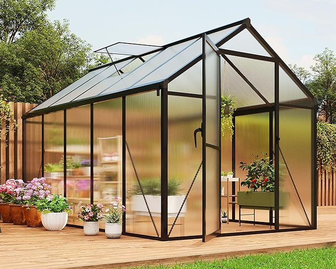 6×10FT Greenhouses for Outdoors Aluminum Polycarbonate Greenhouses with Roof Vent - Heavy-Duty Walk-in Green Houses for All-Season Backyard Gardening