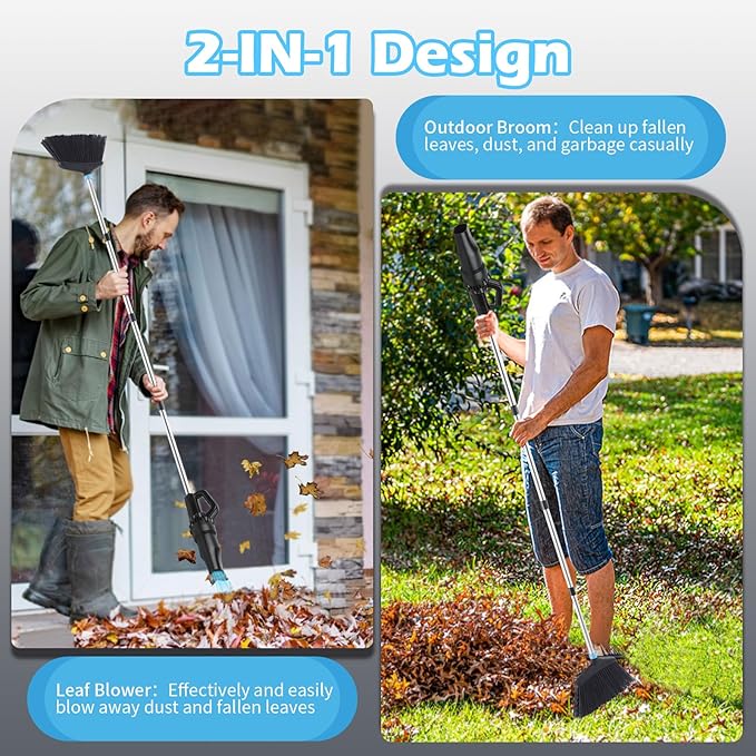 Outdoor Broom with Leaf Blower Small Cordless Leaf Blower with Long Handle Broom Lightweight Rechargeable Air Duster Broom Blower for Lawn Yard Patio Garden Balcony Car RV(Charger Included)