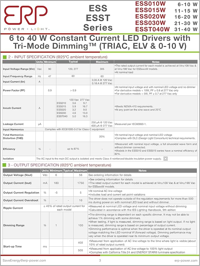ERP ESS030W-0500-42 ERP Power Constant Current Tri-mode Dimming LED Driver - 21W 500mA | Fixed 500mA Output Current | Mounting Tabs