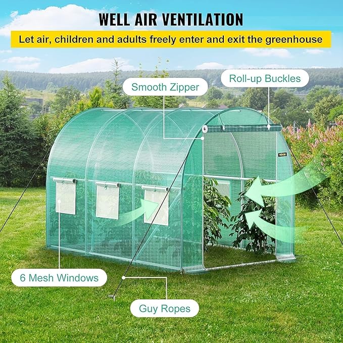 Replacement Cover for Portable Greenhouse Large Walk-in Green Hot Garden House Top Tarp 2 Zippered Doors Green 6 Roll-up Windows (Frame Does NOT Included) (12 x 7 x 6.7 ft)