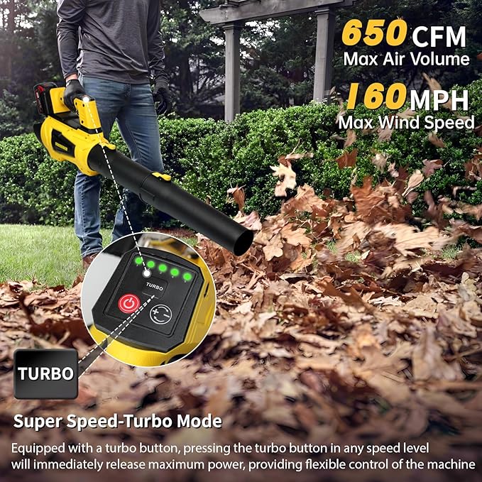 Cordless Leaf Blower for Dewalt 20V Max Battery 650CFM 160MPH Turbo Mode and 4 Speeds Brushless Motor Electric Blower with Extension Tube for PatioLawnGarageBlowing LeavesDustSnow(No Battery)