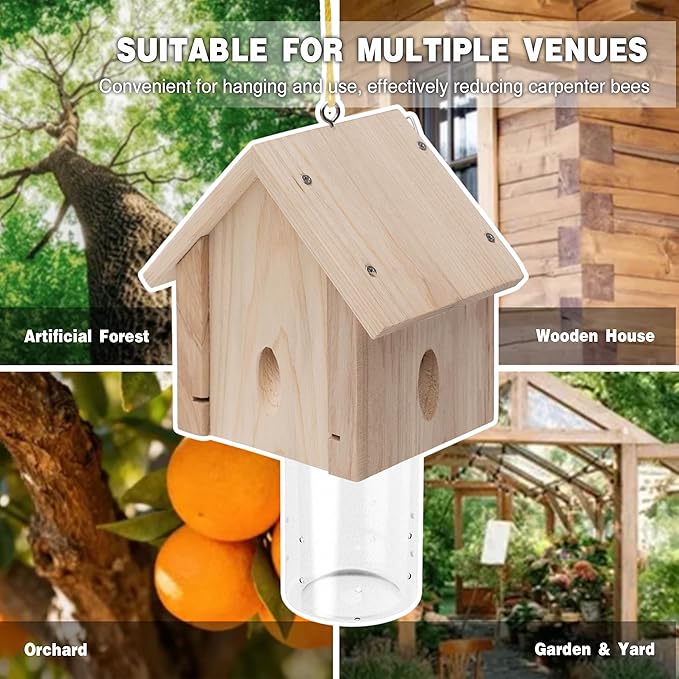 Professional Carpenter Bee Trap for Outside - Cabin Style Nature Hanging Wood Trap for Outdoor with Removable Bee Vault (2 Pack)
