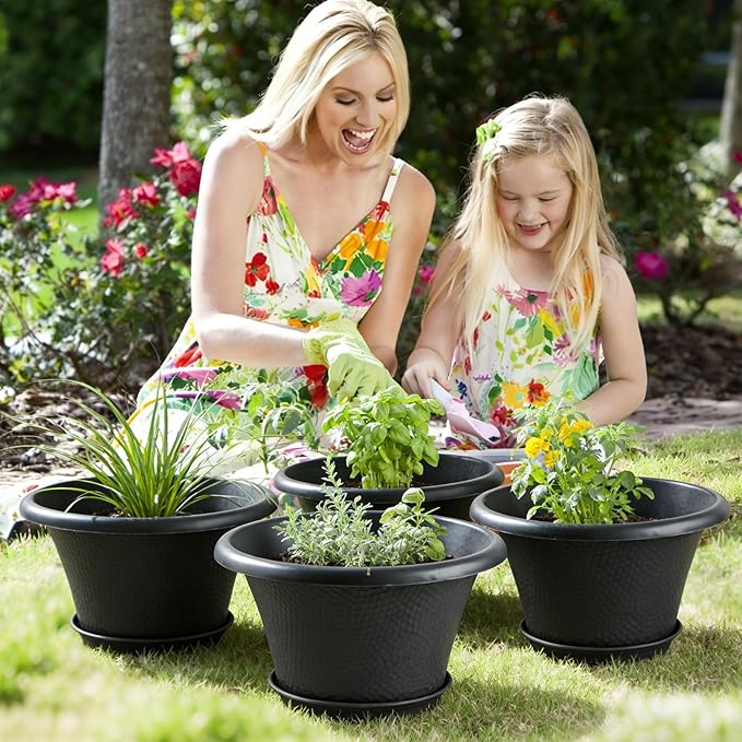 Quarut 12 Inch Pots for Plants4 Pack Large Flower Pots with Drainage Hole &amp SaucerModern Planters for Indoor Outdoor PlantsDecorative Resin Garden Pots Black