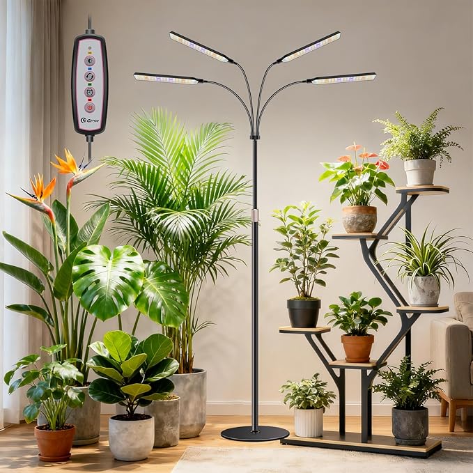 Grow Lights for Indoor Plants with Stand 4-Heads Full Specturm Plant Grow Light with 4/8/12/16H Timer 3 Color Modes 360° Flexible Gooseneck 24-68.7in Hight Adjustable Grow Lamp Black