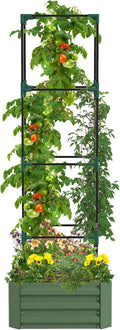 Galvanized Raised Garden Bed 24 x 24 x 11.75 Outdoor Planter Box with Trellis Tomato Cage and Open Bottom for Climbing Vines Vegetables Flowers in Backyard Garden Patio Green