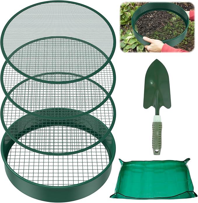 Soil Sifter for Gardening 12 Inch Dirt Garden Sieve Soil Sifter with 4 Replaceable Fine Screens and Shovel and Soil Replacement Pad Rock Sieve Sifter Soil Sieve Sifter Set Sifting Pan