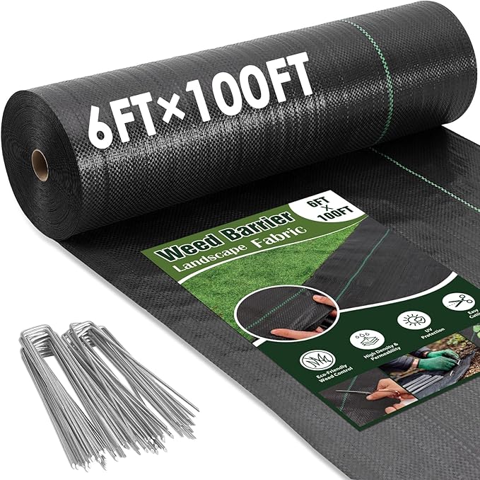 HongWay 6FT x 100FT Weed Barrier Landscape Fabric Weed Control Weed Blocker Fabric Heavy Duty with 40 U-Shaped Stakes Ground Garden Bed Cover Woven Geotextile Fabric for Underlayment Driveway