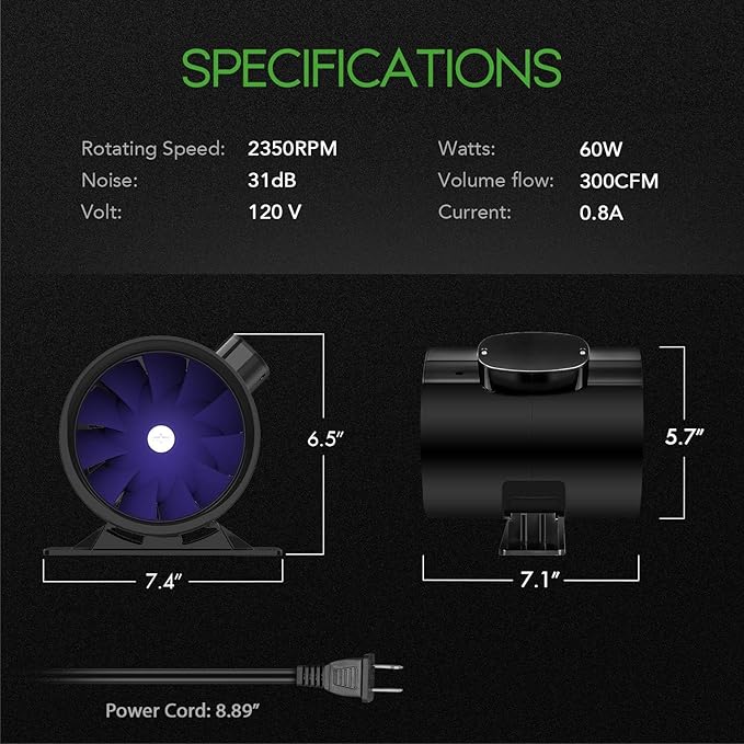 iPower Silent Inline Duct Ventilation Booster Fan 6 Inch 300 CFM Quiet Vent Exhaust Blower for Hydroponics Grow Tent Greenhouse Kitchen Bathroom 2 Pack Black