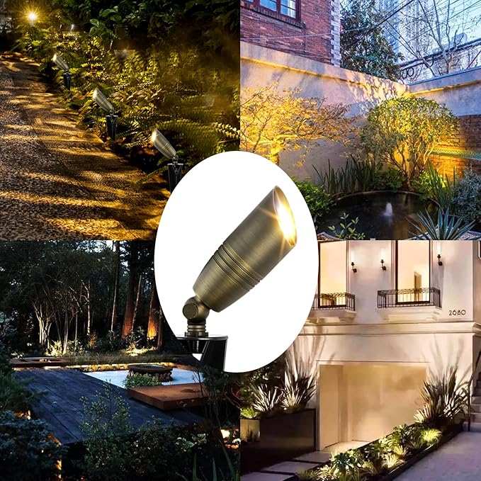 12V Waterproof Solid Brass Landscape Spotlights - 6 Pack Low Voltage Outdoor Lights with Ground Spike for Garden Yard Patio Walkway Driveway and Porch