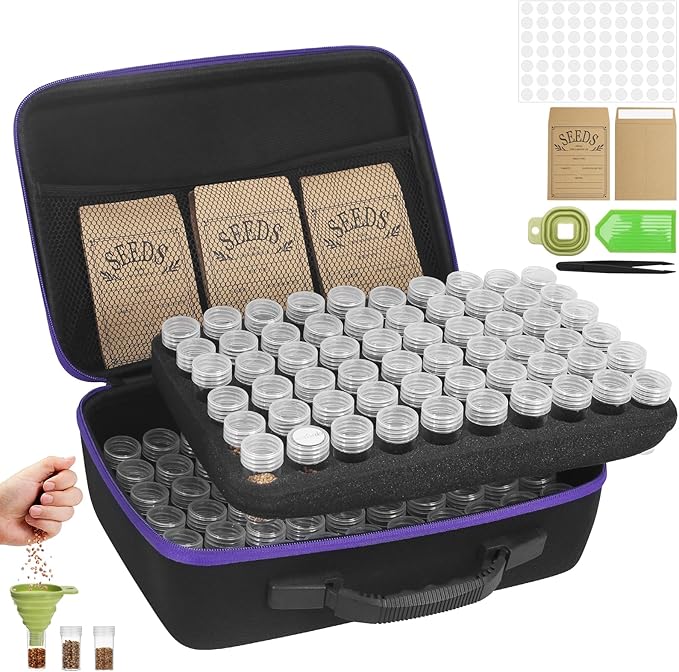 120 Slots Seed Storage Box with 25 Envelopes and Tools Large Sturdy Storage Organizer for Garden Plant Seeds Seed Bank with Zipper Label Funnel Tweezers Tray (Seeds Not Included)
