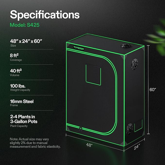 VIVOSUN S425 2x4 Grow Tent 48x24x60 High Reflective Mylar Grow Tents with Observation Window and Floor Tray for Hydroponics Indoor Plant for VS2000