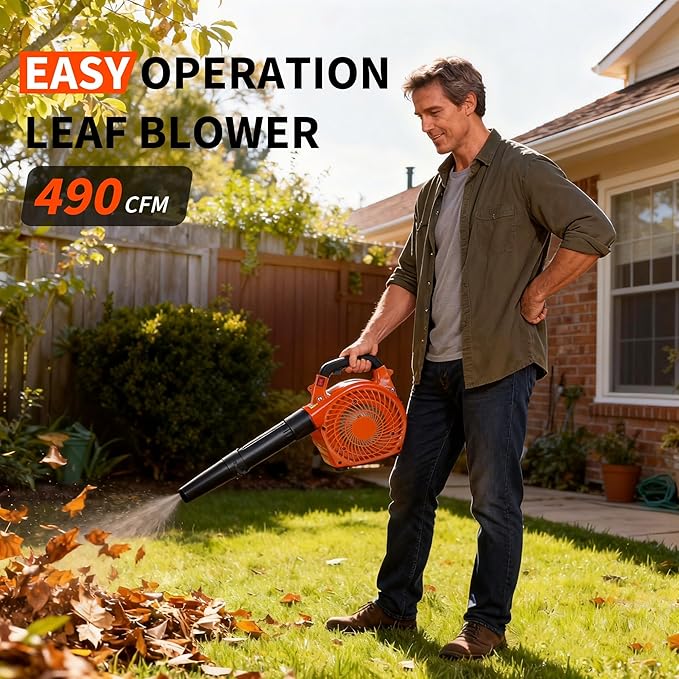 28-Cc Gas Leaf Blower 1.1-HP 2-Cycle Handheld Leaf Blower 490 CFM 280 MPH Powerful Clearing Performance for Lawn Care Driveway Cleaning Light Snow Removal Gifts for Dad