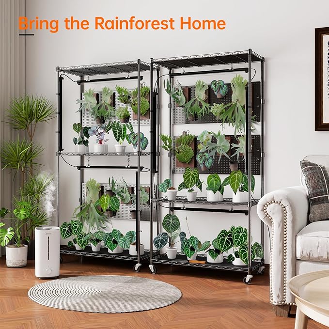 Bstrip Plant Cabinet with Pegboard 3 Tier Plant Shelf with Grow Light Metal Plant Stand with 4 Pack 96W Grow Lights for Indoor Plant Foliage Plants Seed Starting 29.5x13.8x59
