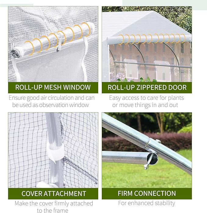 Outsunny 11.5' x 10' x 6.5' Outdoor Walk-in Greenhouse Tunnel Green House with Roll-up Windows Zippered Door PE Cover Heavy Duty Steel Frame White