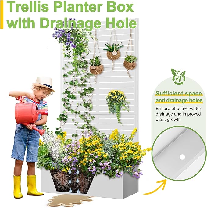 FENCY Metal Raised Garden Bed with Trellis Metal Planter Box with Trellis Garden Box for Climbing Plants Vegetable 35 Lx16 Wx71 H Garden Bed with Drainage Holes(White-Louvered)