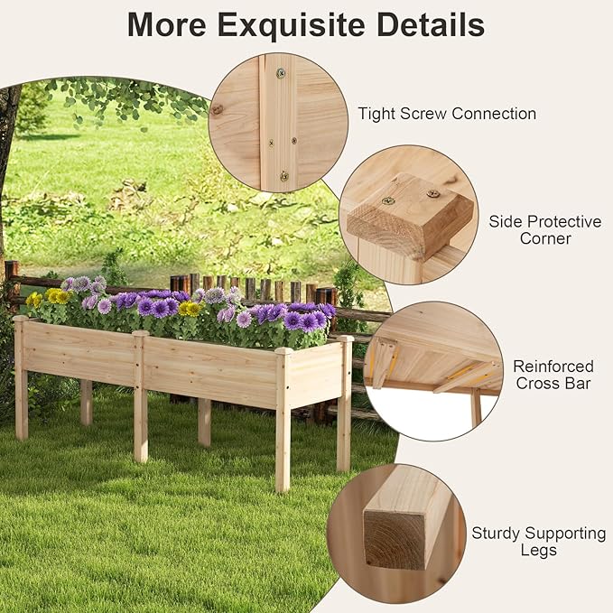HAPPYGRILL Raised Garden Bed Outdoor Planter Raised Bed w/Drainage Holes Divider Panel 6 Supporting Legs Elevated Wood Planter Box for Backyard Patio Balcony 73” x 23” x 30” (Natural)