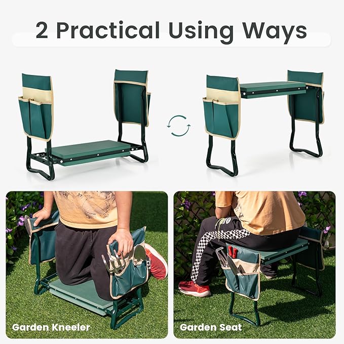 Giantex Garden Kneeler &amp Seat Folding Gardening Stool Portable Garden Bench with EVA Foam Pad Heavy-Duty Metal Frame Gardening Gift for Women Men Seniors (Holds 330 LBS) (with 2 Bags)