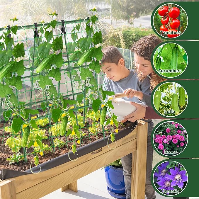A-Frame Cucumber Trellis for Raised Bed - 47 x 47in Heavy-Duty Detachable Garden Trellis with Netting &amp Clips Support for Climbing Outdoor Cucumber Tomatoes Luffa Bitter Melon Vining Flowers