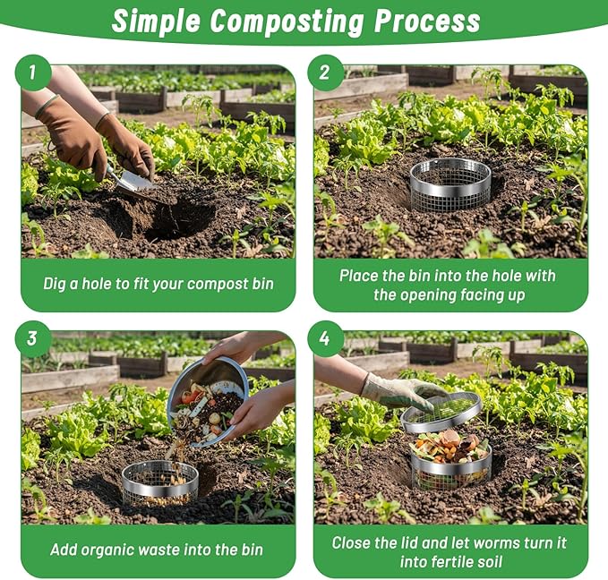 2 Pack Inground Worm Composting Bin Metal Compost Bin for Recycling Kitchen Food Waste Outdoor Worm Compost Bin with Holes and Lid Use in Outdoor Garden Vegetable Patch Backyard