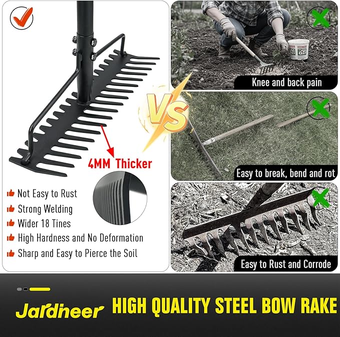 Jardineer Bow Rake Heavy Duty Long Handle Metal Rakes for Gravel Rocks Lawns Leaves Soil Leveling Landscaping Garden Rake with 18 Steel Tines (59 Inches)