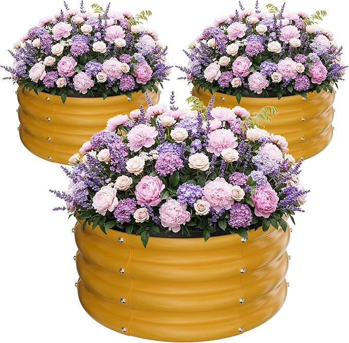 ZXZYHFTY Round Galvanized Raised Garden Bed kitYellow Outdoor Garden Raised Planter Box Round Large Metal Raised Garden Beds for Vegetable 2 * 2 * 1ft 3 Pcs