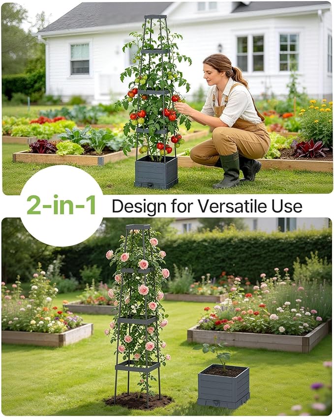 Suteck Raised Garden Bed Planter Box with Trellis 2-Pack Self-Watering Tomato Planter with Adjustable Height Steel Support Frame for Climbing Plants Tomato Cages for Patio Balcony &amp Outdoor