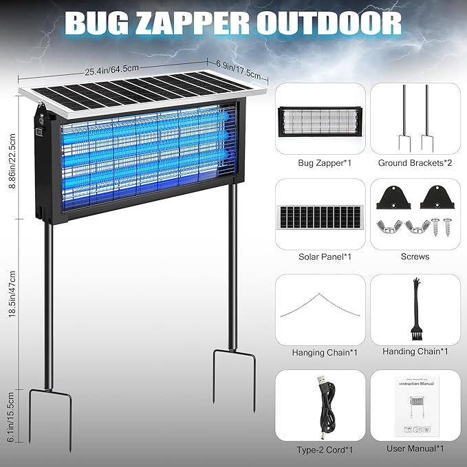Solar Bug Zapper Outdoor - Mosquito Electric Fly Zapper 30W Waterproof - Cordless Solar Powered Bug Zapper for Patio Garden Backyard RV Camping Pond