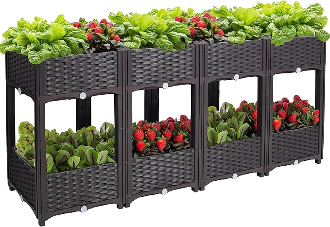 Outdoor Planting Box Double-Layer Planting Bed Garden Bed with Flower Rack for Growing Flowers Vegetables Tomatoes and Herbs – Perfect for Garden Patio Balcony (Double Brown Large)