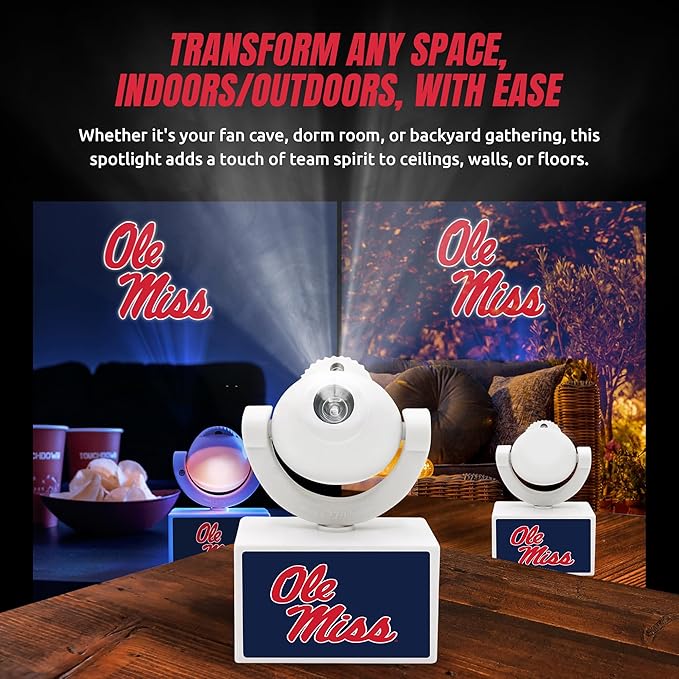 Sporticulture NCAA American Football Mississippi Ole Miss - Adjustable Led Mini Spotlight Projector with 6 Team Logo Designs - Portable &amp Rechargeable Spotlight - Battery-Operated - 4.375” x 3.125