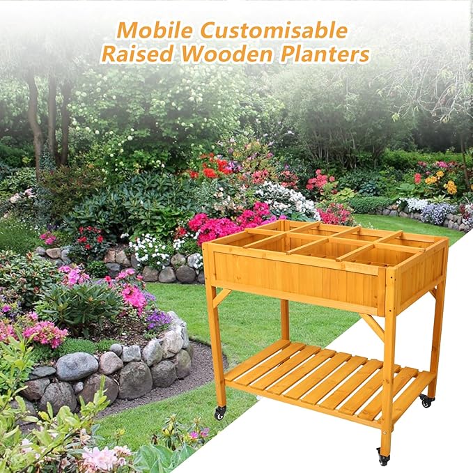 Elevated 8 Pocket Herb Garden Bed Mobile Raised Customizable Wood Planter for Herbs Vegetables Flowers w/Lockable Wheels Storage Shelf Drainage Holes