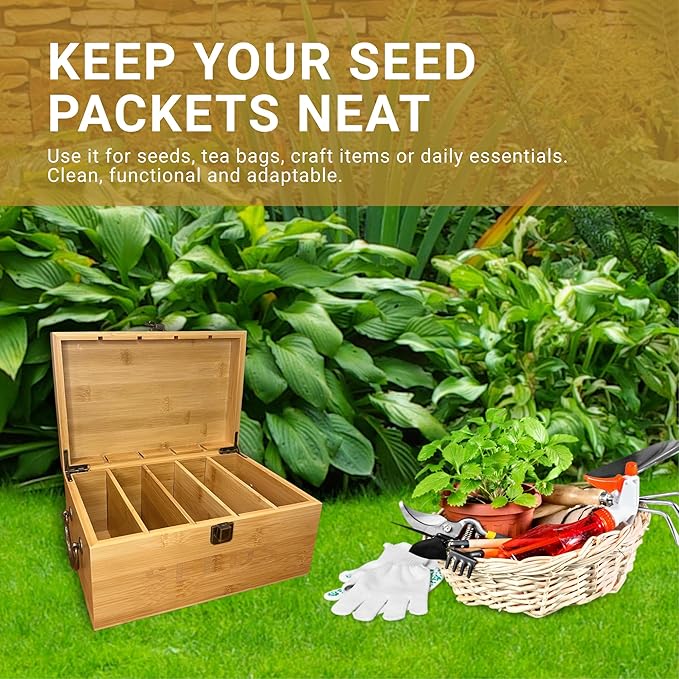 Bamboo Garden Seed Storage Organizer Box Wooden Seed Box with Removable Dividers Metal Handle and Latch Seed Keeper Organizer for Garden Seed Packets and Storage (10.59 x 7 x 5.12 in)