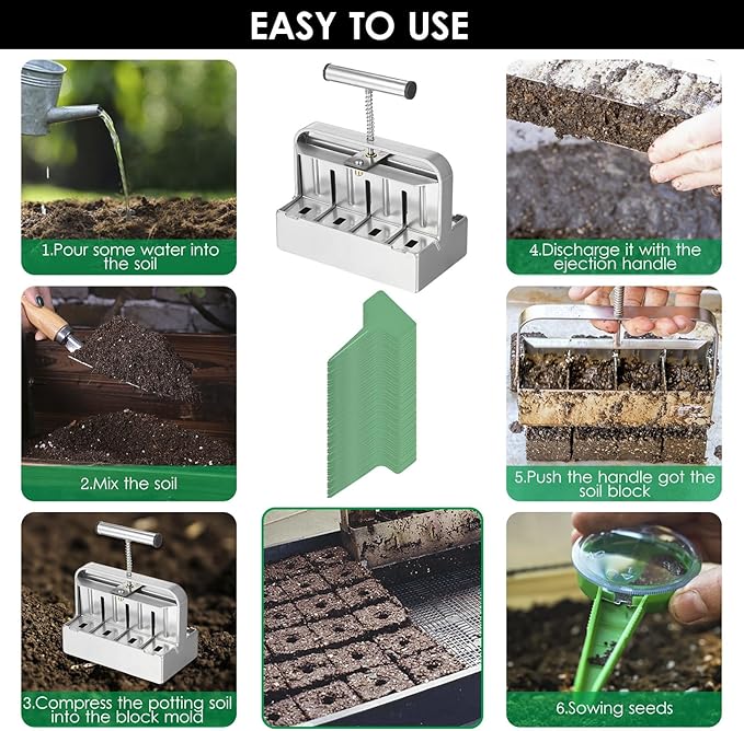Soil Blocker 2 inch Manual Soil Block Maker Handheld Gardening Seedling Tool with Comfortable Handle for Gardens Farms Seedings Cuttings Greenhouses Gardens (Type 3)