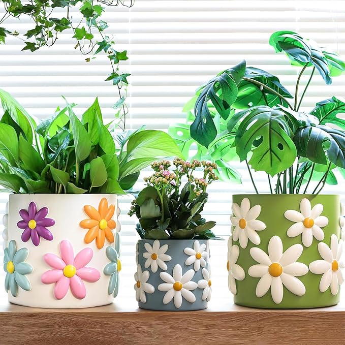 GUGUGO 8 Inch Daisy Planters Decorative Large Plant Pots with Drainage Holes Funny Unique Flower Pot for Indoor Plants Colorful Gardening Pot for Boho Modern Home Décor White