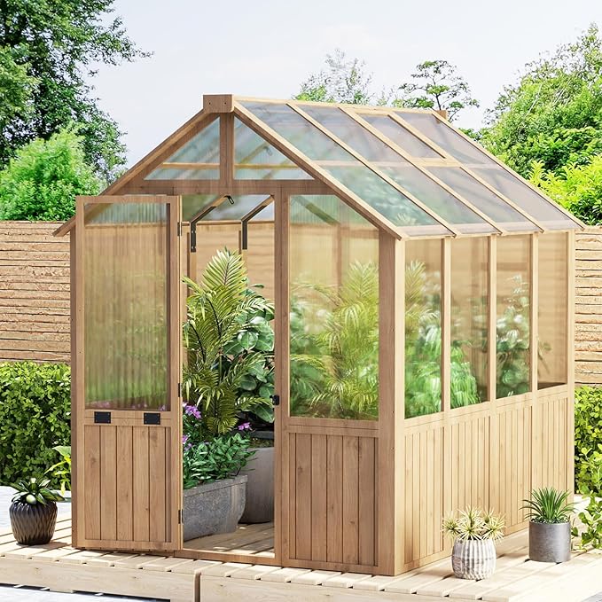 EBE 6'x8' Greenhouse Wooden Walk-in Greenhouse Outdoors with Polycarbonate Panel and Adjustable Roof Vent Garden Greenhouses for Patio Yard and Backyard