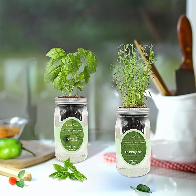 2-Pack Hydroponic Mason Jar Herb Garden Kit Indoor Herb Garden Self-Watering Starter Kit (BasilTarragon)