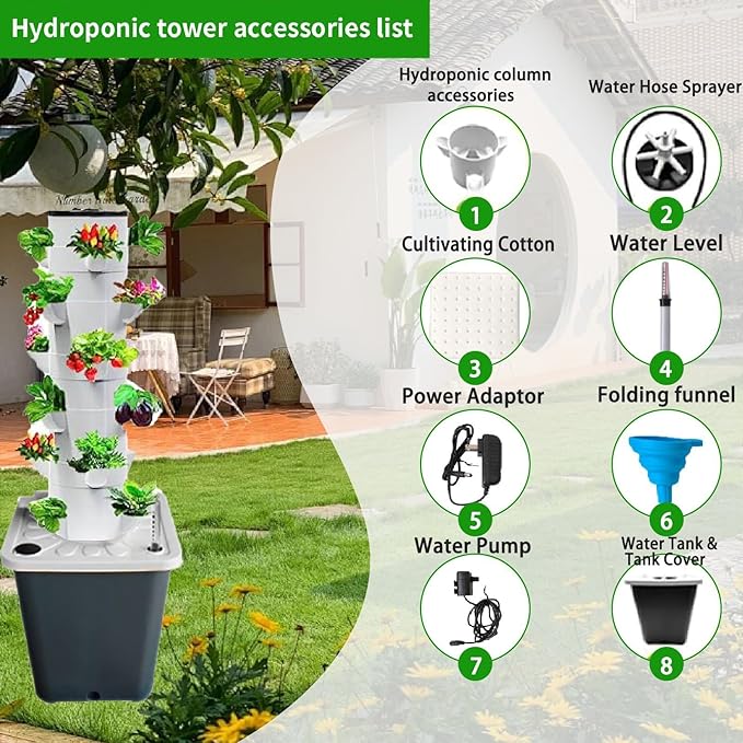 25 Pods Home Gardening System Hydroponics Growing Tower Vertical Planter with Movable Tank &amp Timer for Greenhouse Indoor Vegetables Herbs(15holes)