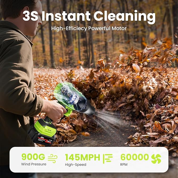 Leaf Blower Cordless 48 V Dual Batteries 30000 RPM Turbo Jet Blower with Extended Nozzles Premium Lightweight Handheld Set for Lawn Care Leaf/Car/Snow/Dust Cleaning in Patio &amp Yard Green
